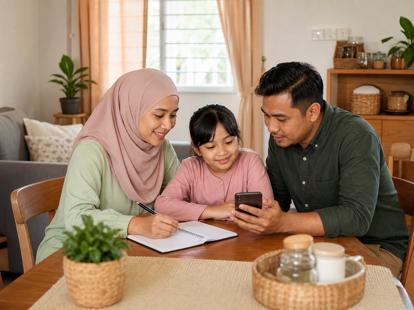 Sebuah keluarga Malaysia meneliti telefon dan buku nota bersama di meja makan rumah