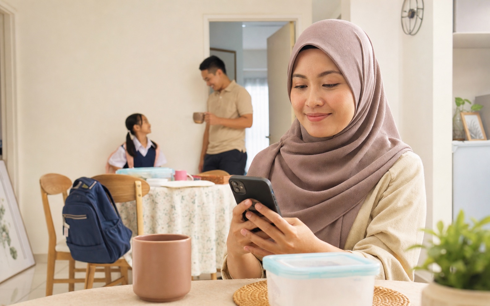 Sebuah keluarga Malaysia di rumah; seorang ibu bertudung memohon menggunakan telefon sambil anaknya bersiap ke sekolah