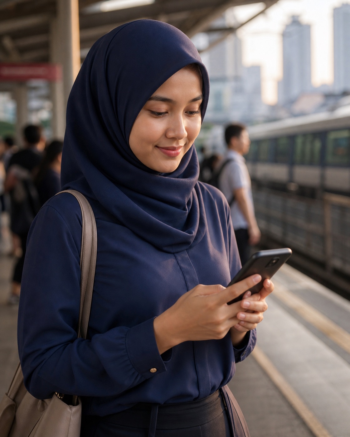 Seorang wanita bekerja bertudung menyemak telefon di stesen LRT dengan latar belakang bandar Kuala Lumpur